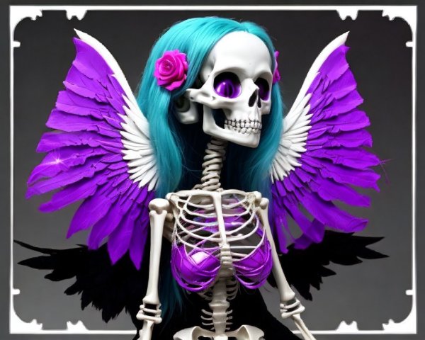 Stylized skeleton doll with vibrant blue hair and wings