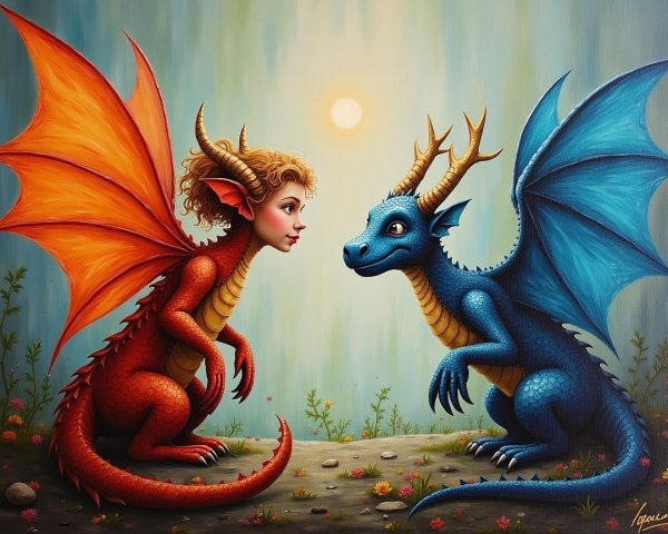 Girl with Dragon Features Meets Blue Dragon in Nature