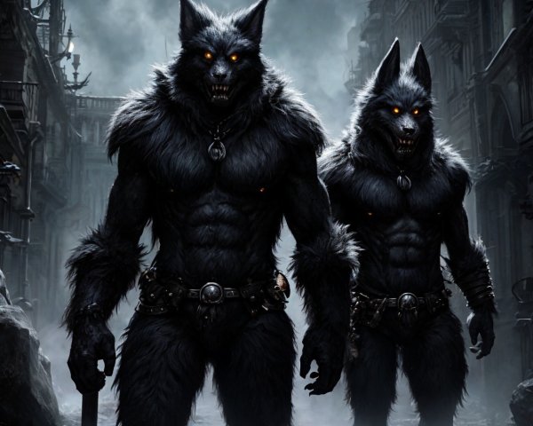 Muscular Werewolves in Dark Urban Environment