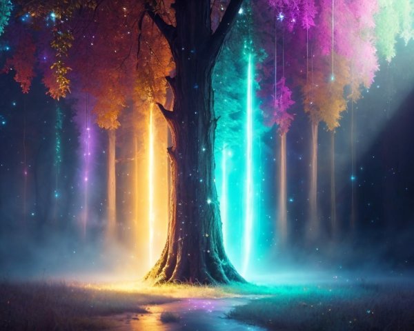 Majestic tree in a mystical forest with glowing lights