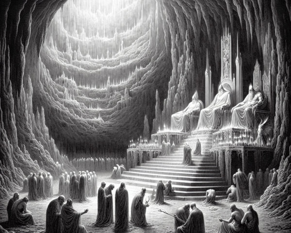 Cloaked Figures in a Dimly Lit Cavern with Thrones
