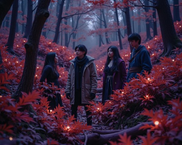 Friends in a Mystical Forest with Red Foliage and Lights