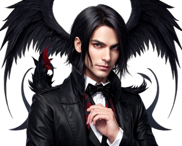 Confident figure with black wings and stylish suit