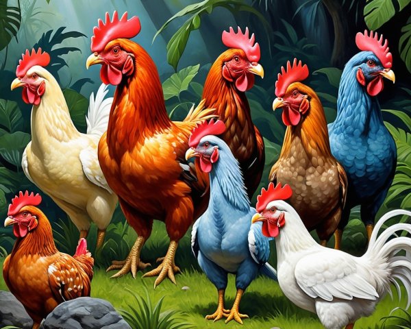 Colorful Chickens in a Lush Jungle Setting