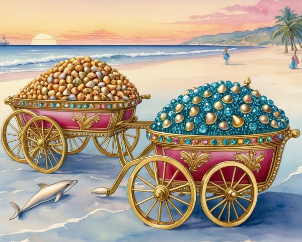 Ornate Carts with Eggs and Gems on a Beach at Sunset