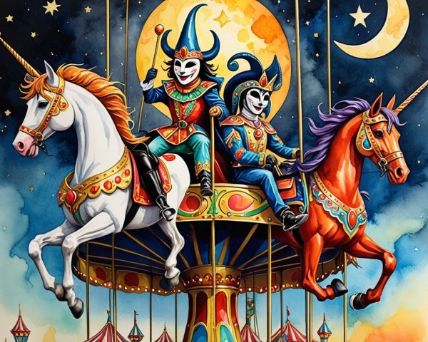 Vibrant carnival scene with whimsical figures on unicorns