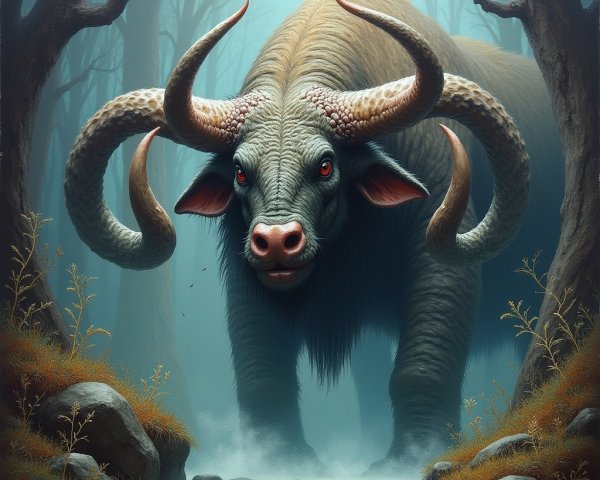Imposing Creature in Misty Forest with Spiraled Horns