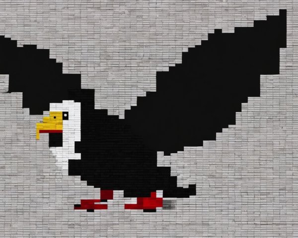Pixelated mural of an eagle on a gray brick wall