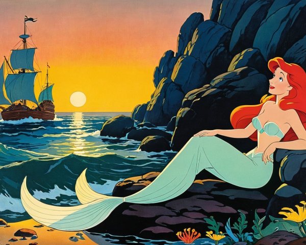 Mermaid by the Sea at Sunset with Vibrant Colors