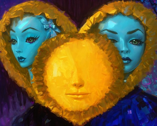 Stylized Blue-Faced Figures in Heart Formation Artwork