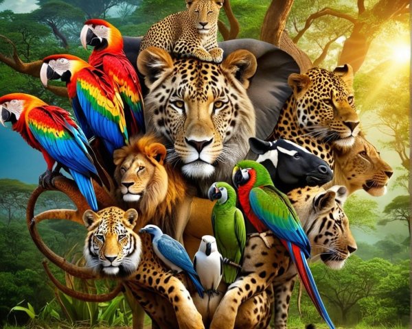 Wildlife Collage Featuring Tigers, Lions, and Birds
