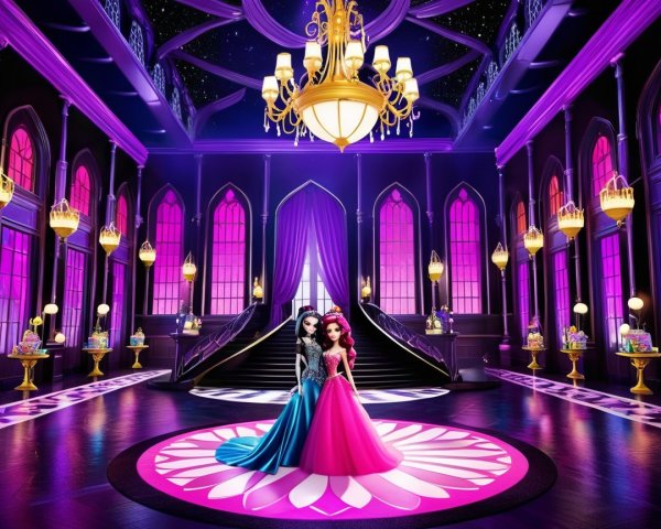 Elegant Ballroom with Animated Princesses and Chandeliers