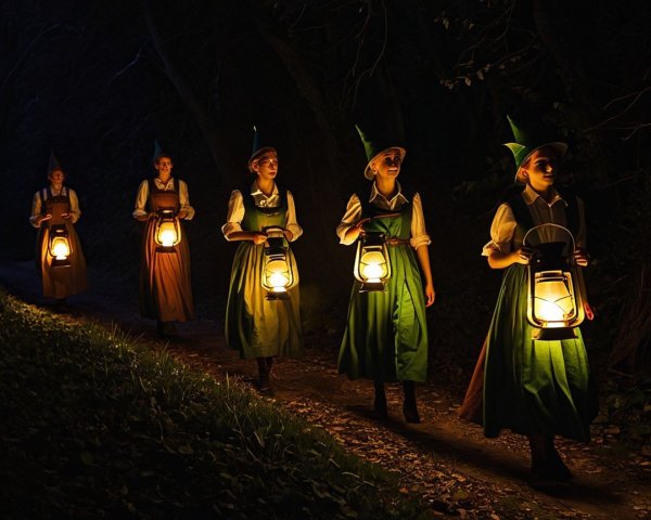 Women in Green Frocks Walking with Lanterns in Forest
