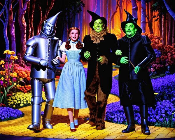 Classic Film Scene with Iconic Characters on Yellow Brick Road
