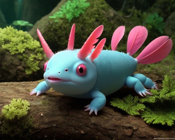 Colorful Cartoonish Axolotl on Log in Green Ferns