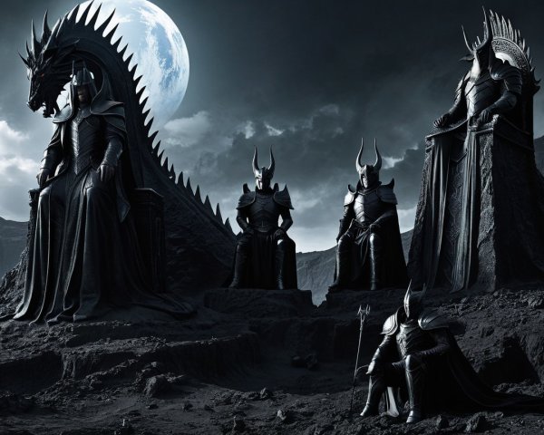 Four Armored Figures in Dark Landscape with Thrones