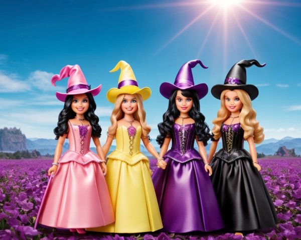 Colorful dolls in witch gowns in a lavender field