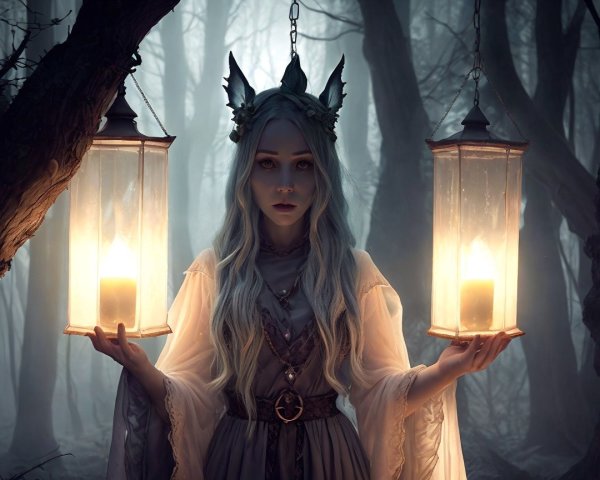 Mysterious Figure in Misty Forest with Glowing Lanterns