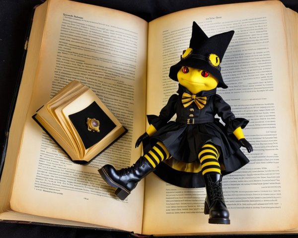 Whimsical Yellow Frog Doll in Witch Outfit on Vintage Book