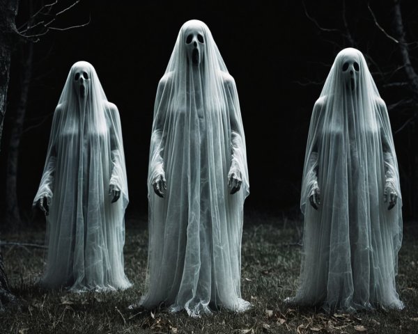 Ghostly Figures in a Dark Forest Setting