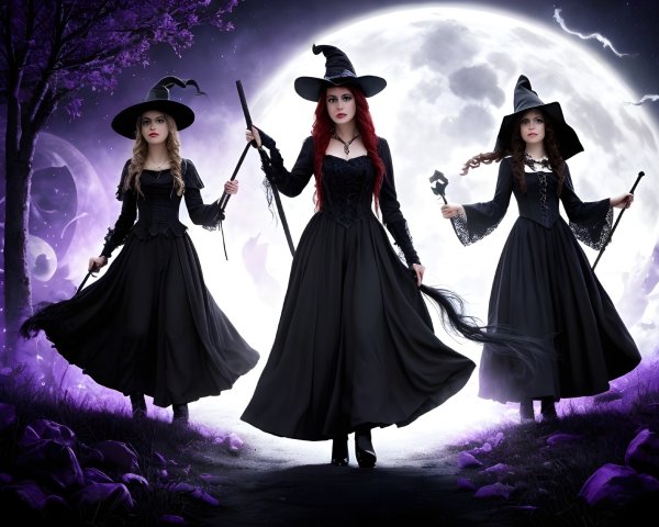 Witches in Black Gowns Under Full Moon Glow