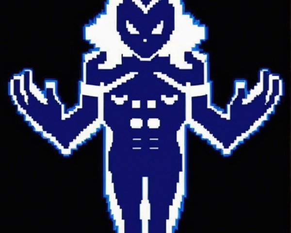 Stylized Character Design with Blue Silhouette and Fierce Expression