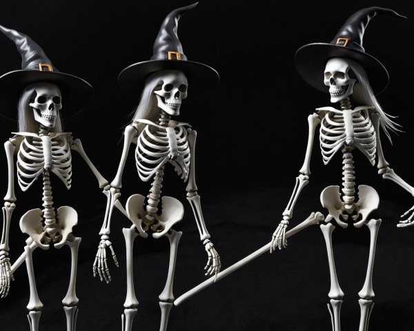 Whimsical Skeletons in Witch Hats for Halloween Scene