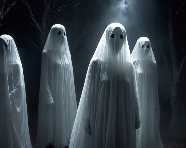 Ethereal Figures in a Dimly Lit Forest Setting