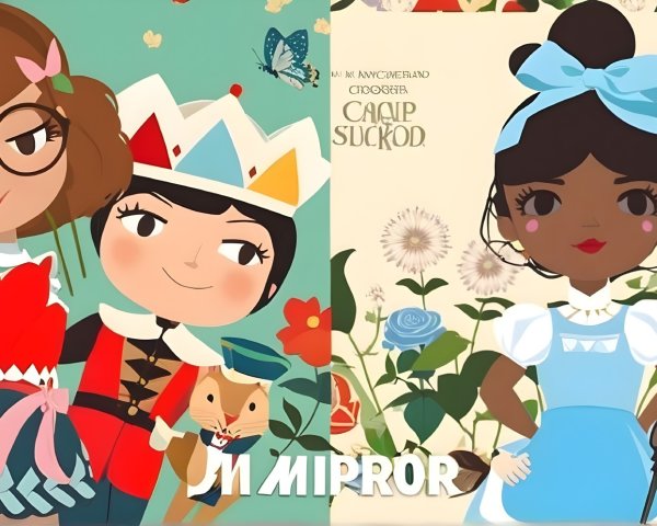 Whimsical Characters with Bunnies in Colorful Setting