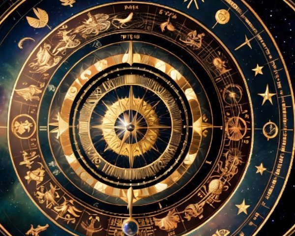 Astrological Chart with Zodiac Signs and Cosmic Symbols