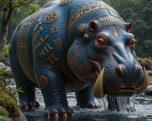 Vividly Colored Hippopotamus in Serene River Setting