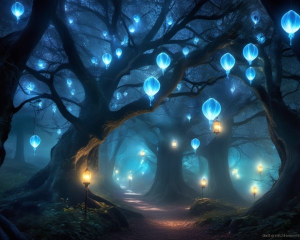 Mystical forest with fog, ancient trees, and glowing orbs