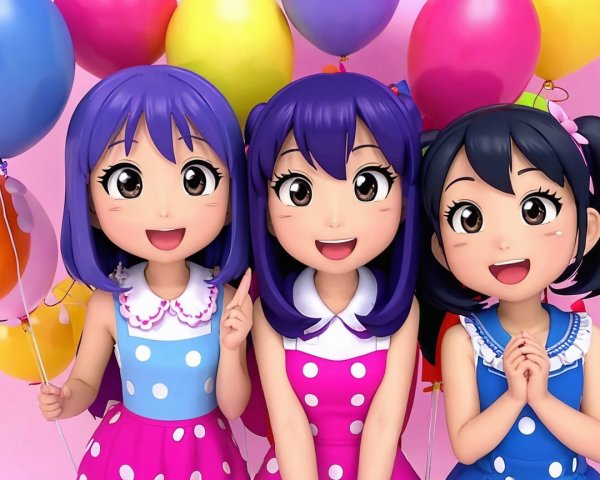 Cheerful animated girls with colorful balloons and dresses