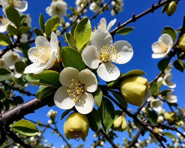 Close-Up of White Flowers on Branch Against Blue Sky