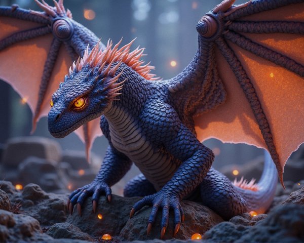Majestic blue dragon in a mystical forest setting