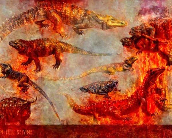 Lizard-like Creatures in Fiery Volcanic Landscape