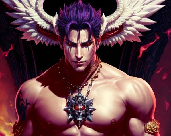 Dominant figure with purple hair and majestic wings