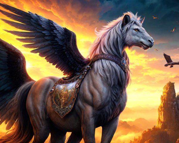 Majestic winged horse against a vibrant sunset sky
