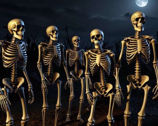 Lifelike skeletons in a moonlit graveyard scene