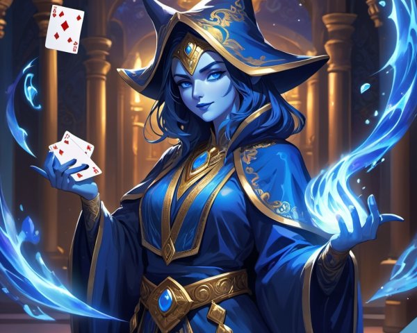 Mystical Sorceress in Blue Robe Conjuring Magic
