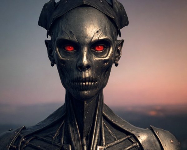 Humanoid Robot Against Twilight Sky with Red Eyes