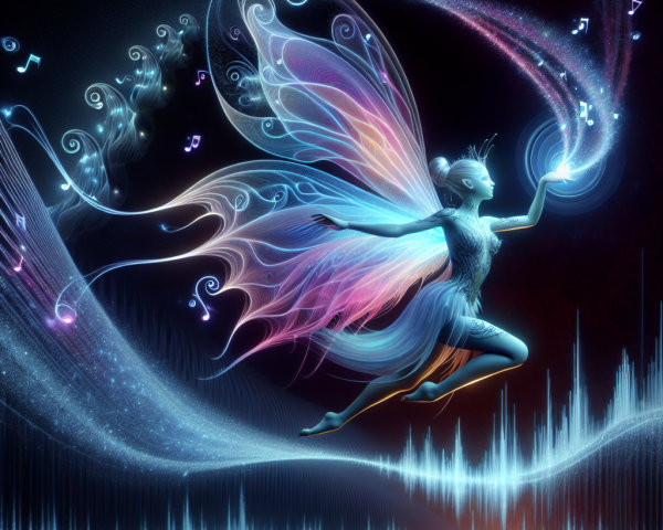 Ethereal Fairy Dancing Among Musical Notes and Waves