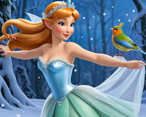 Whimsical Fairy in Light Blue Gown in Winter Scene