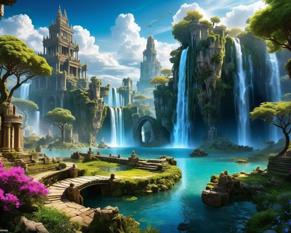 Breathtaking Landscape with Waterfalls and Ancient Structures