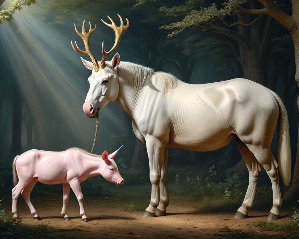 Majestic White Horse and Pink Unicorn in Forest