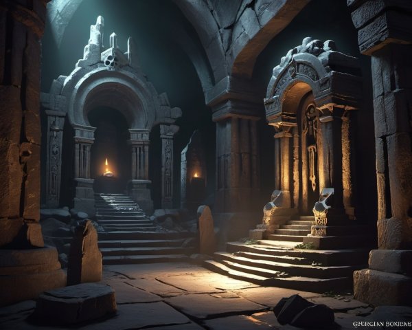 Ancient Underground Chamber with Arches and Carvings
