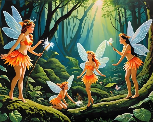 Fairies in a mystical forest with glowing wands