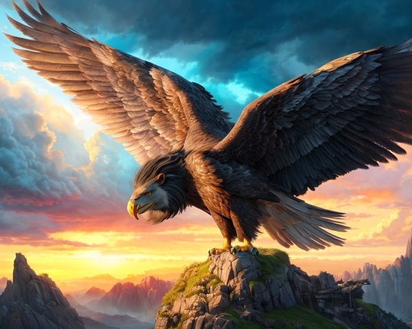 Eagle on Rocky Perch with Vibrant Sunset Background