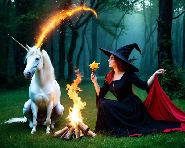 Witch and Unicorn in Enchanted Forest Setting