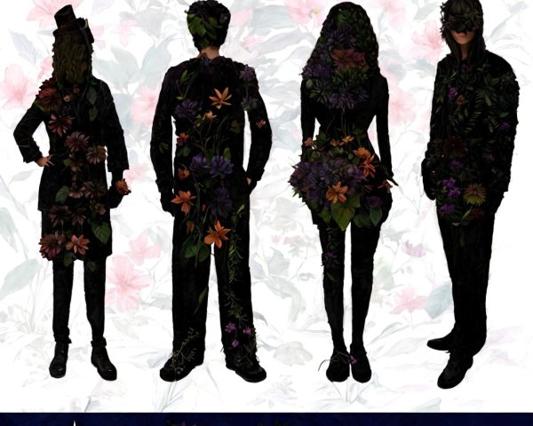 Silhouetted Figures with Floral Patterns on White Background